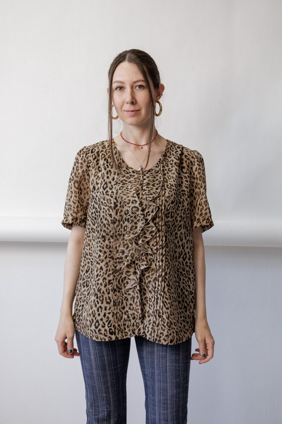 Y2K Leopard Print Ruffle Sheer Blouse Vintage Short Sleeve Top Size L