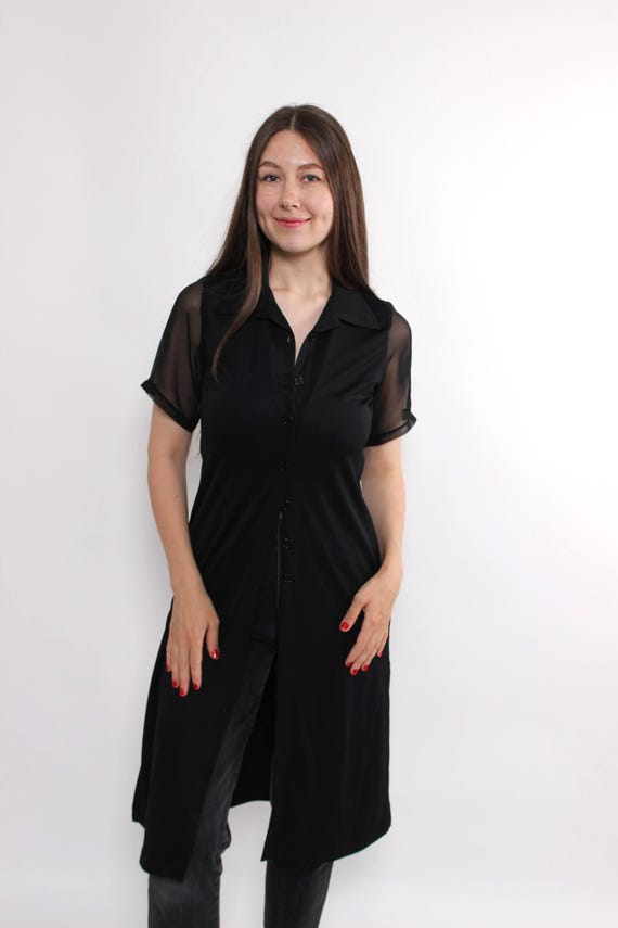 Vintage Black Sheer Midi Dress Minimalist Button Front blouse, Size S