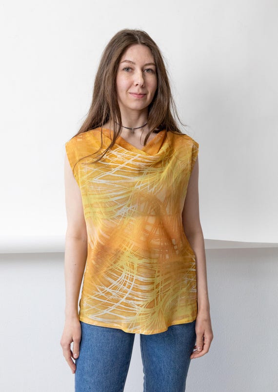 90s Yellow Ombre Brushstroke Print Blouse Vintage Cowl Neck Sleeveless Top Size M