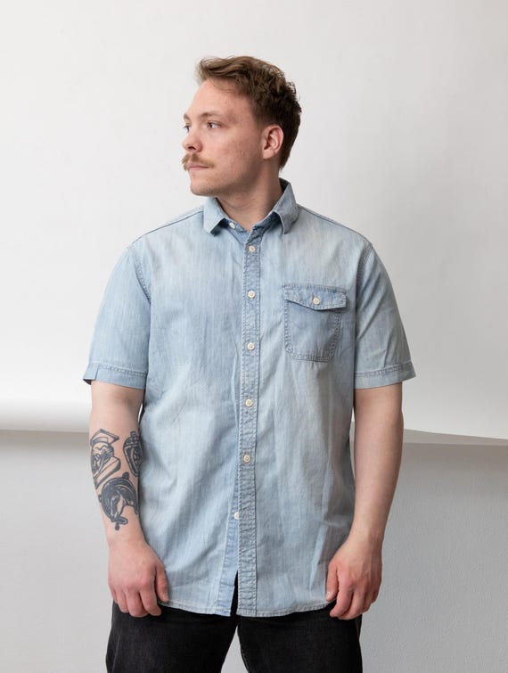 y2k Light Blue Denim Shirt Vintage Short Sleeve Workwear Button Up Size L