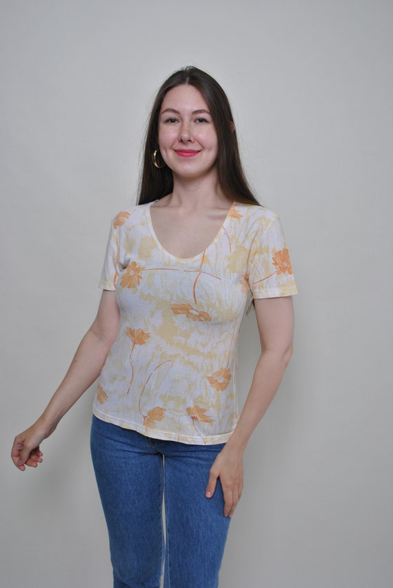 Y2K Butter Yellow Floral Print Top Vintage Stretch Scoop Neck Short Sleeve Size M