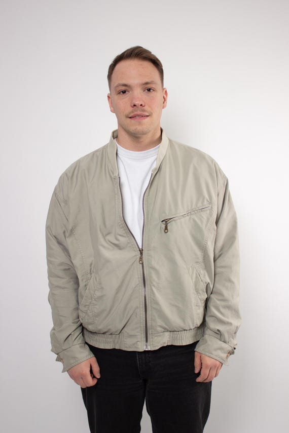 Vintage 90s Beige Bomber Jacket L Minimalist Harrington Jacket Retro Neutral Streetwear Windbreaker