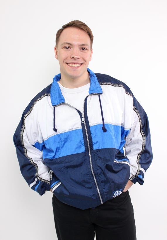 90s Color Block Windbreaker Navy Blue White Nylon Shell Track Jacket Unisex XL