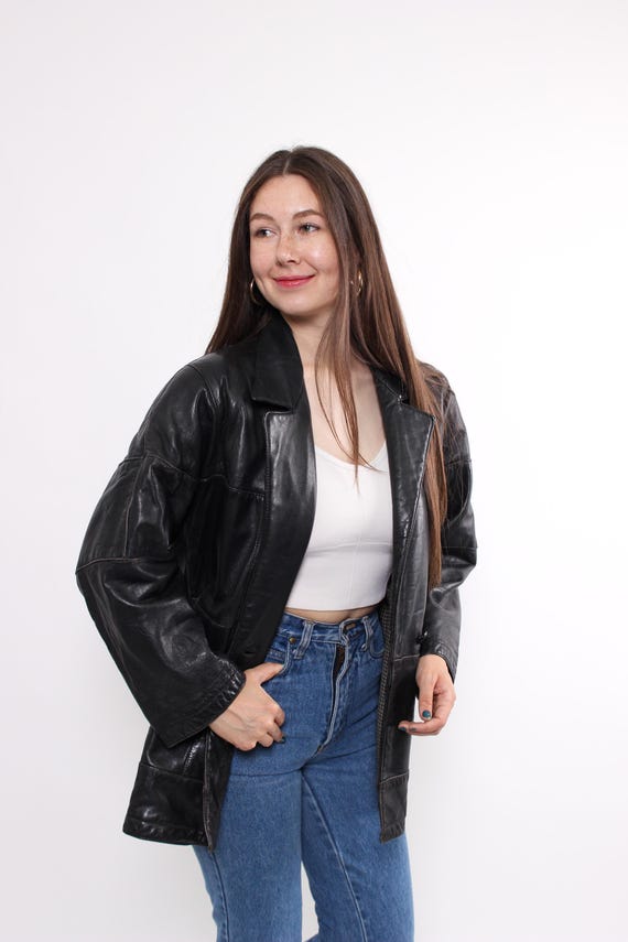 80s Black Leather Jacket Vintage Oversized Notched Lapel Boxy Zip Front Size M