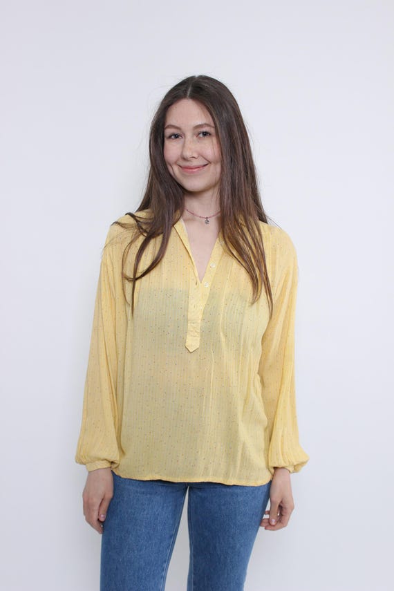 90s sheer yellow blouse, vintage minimalist striped blouse, Size M