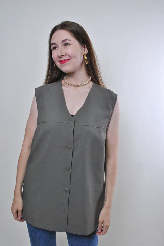 90s minimalist sleeveless blouse in green, vintage button front long vest, Size L