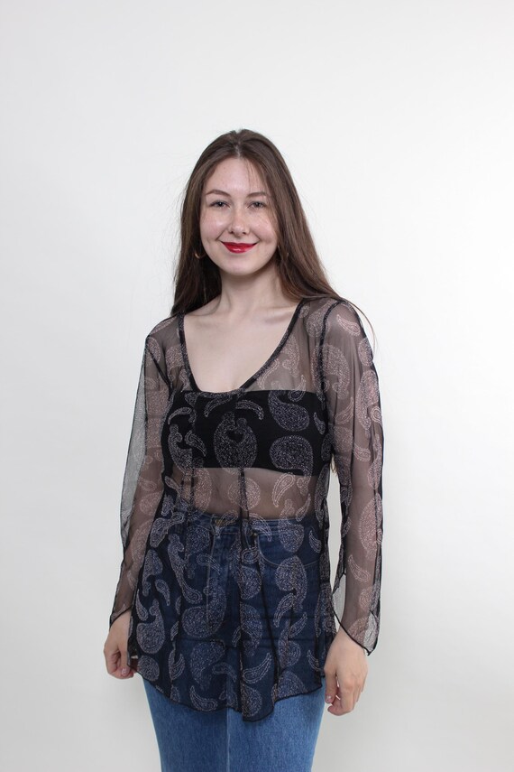 Vintage Y2K Sheer Paisley Blouse, Black Mesh Long Sleeve Top, Size M