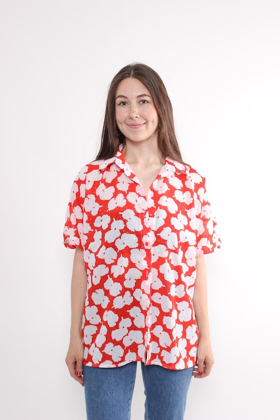 Vintage Summer Floral Blouse, 90s Retro Flowers Print Vibrant Vocation Oversized Shirt, Size L