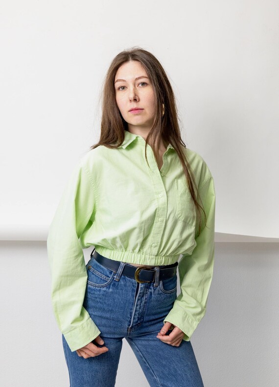 Y2K Green Cropped Blouse Vintage Cotton Button Up Elastic Hem Shirt Size M