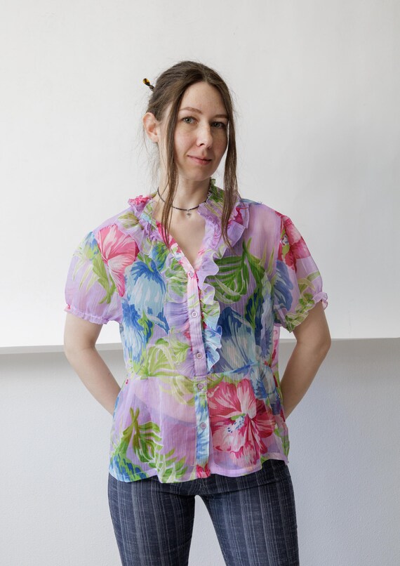 90s Lilac Watercolor Floral Sheer Blouse Vintage Ruffle Front Button Up Top Medium