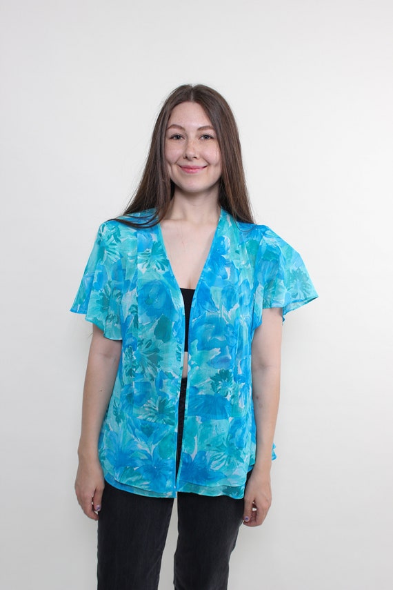 90s blue flowers blouse, vintage women floral summer light top, Size M