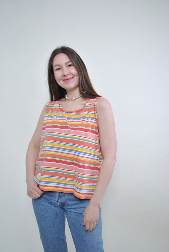 90s multicolor striped top, vintage rainbow summer relaxed multicolor tank, Size M