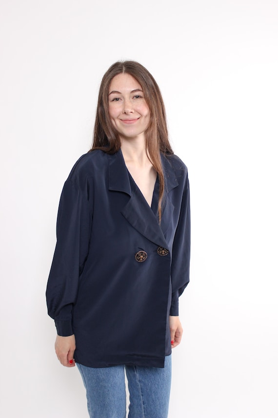 Vintage 90s Navy Double Breasted Blouse, Ornate Gold Button Jacket, UK Made Top