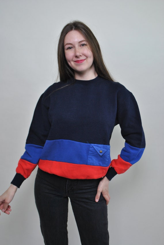 Vintage Striped Cotton Sweatshirt: 90s Color Block Pocket, Size M