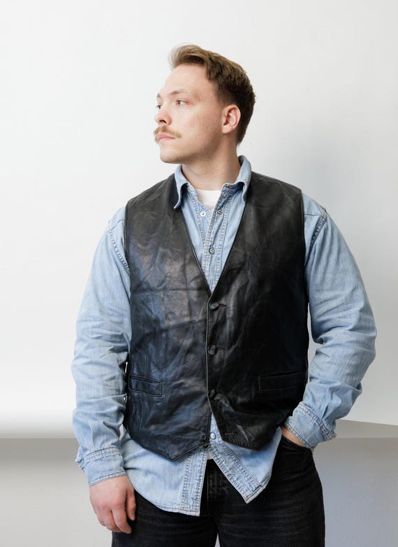 Vintage Black Leather Vest Men's Waistcoat Size M