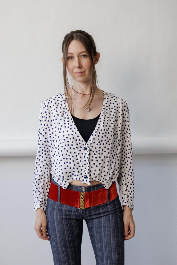 90s Polka Dot Cropped Blouse Vintage Navy White V Neck Crop Top Size M