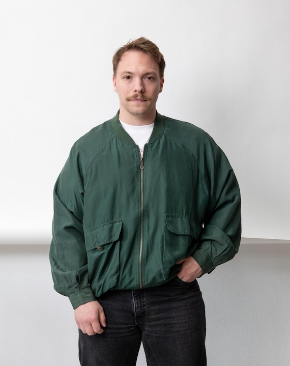 90s Green Silk Bomber Jacket Vintage Cargo Pocket Quiet Luxury Aviator Jacket Size L