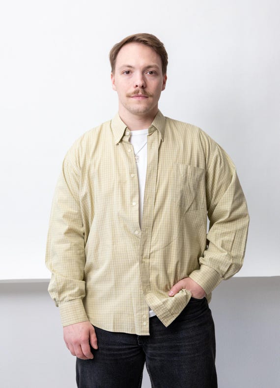 90s Pale Yellow Check Shirt Vintage Long Sleeve Oversized Cotton Button Up Size L