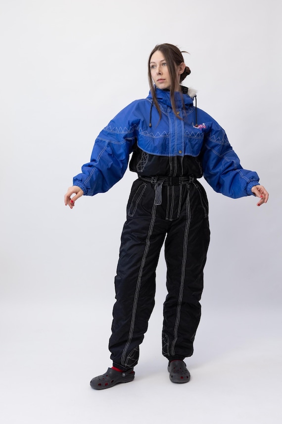Vintage Blue Black Colorblock Faux Fur Hood Ski Suit Size XL