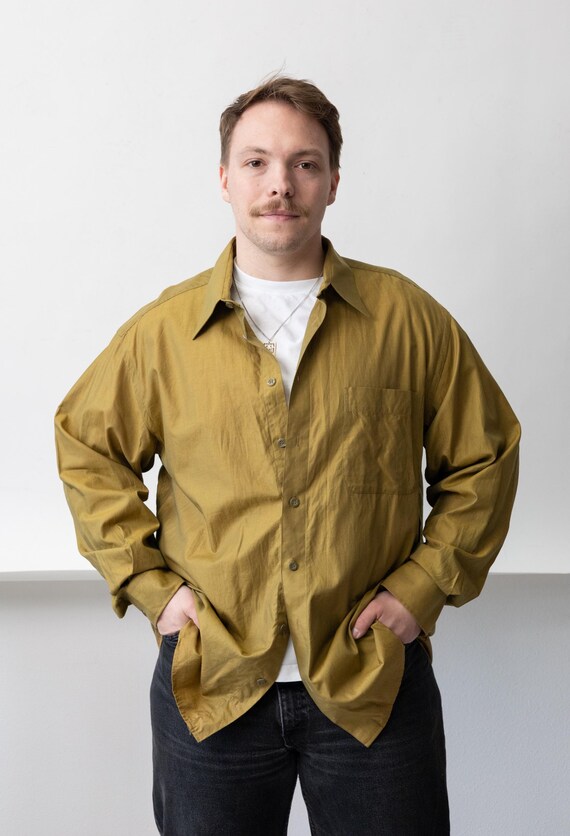 Chartreuse Mens Shirt 90s Long Sleeve Safari Vintage Oversized Size L