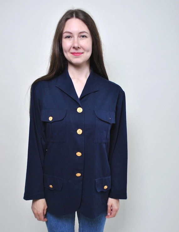 Vintage 90s Navy Nautical Blazer, Gold Anchor Buttons, French Made Military Chic Coat