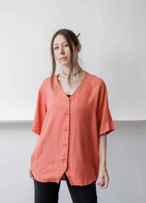 90s Oversized Coral Button Up Blouse V Neck Longline Drop Shoulder Minimalist Shirt L