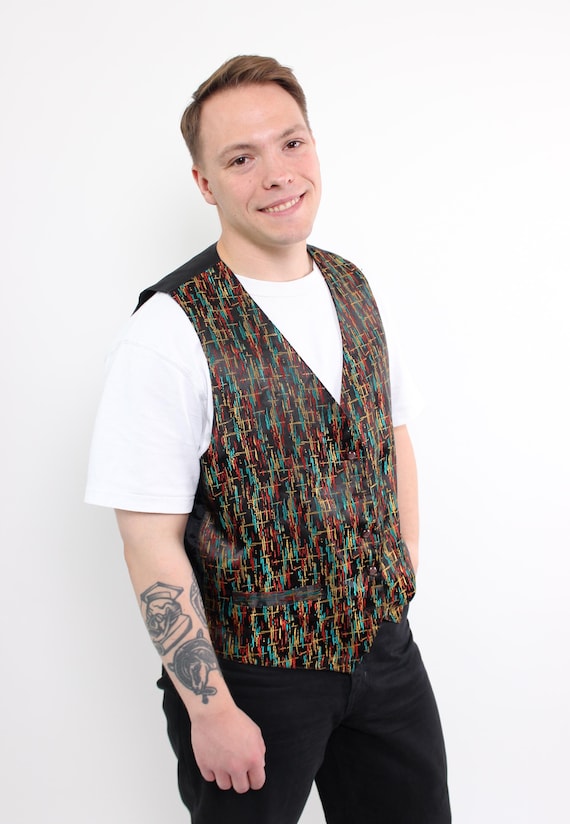 90s abstract print suit vest, vintage black color patterned formal vest, Size XL