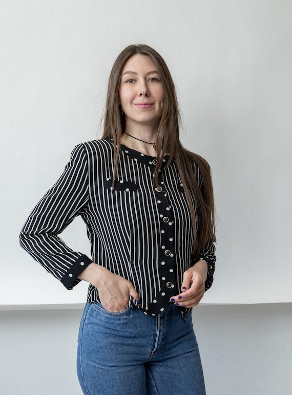 80s Black White Polka Dot Blouse Vintage Gold Button Fitted Round Neck Size M