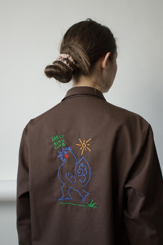 Pop Art Embroidered Reworked Work Jacket Funky GraphicArt Chore Coat Overshirt Size M