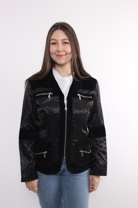 Vintage Black Suede Jacket, 90s Minimalist Zip Up Jacket, Size M
