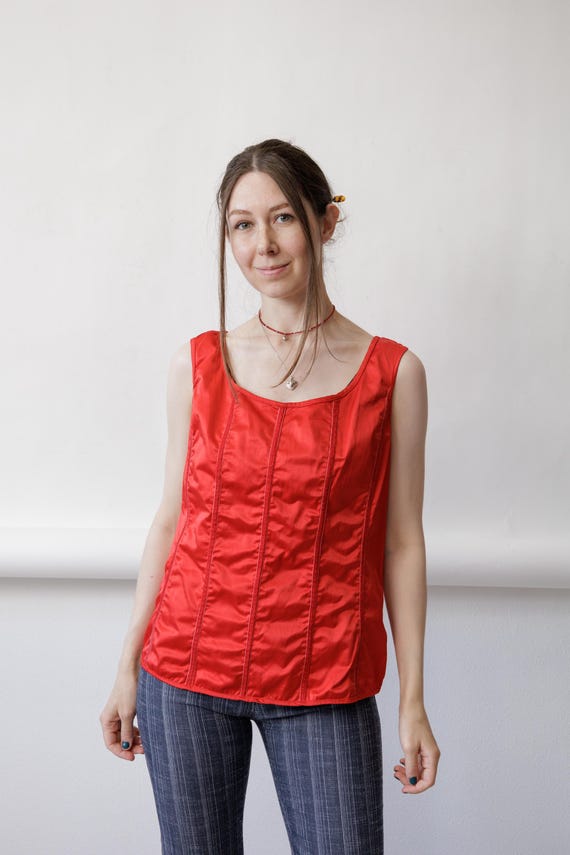 Y2K Red Satin Corset Style Tank Seamed Panel Stretch Scoop Neck Top Size M