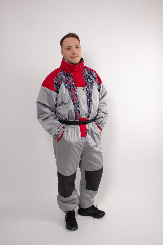 90s One Piece Ski Suit, Vintage  Graphic Snowsuit Hooded Retro Winter Jumpsuit, Size L