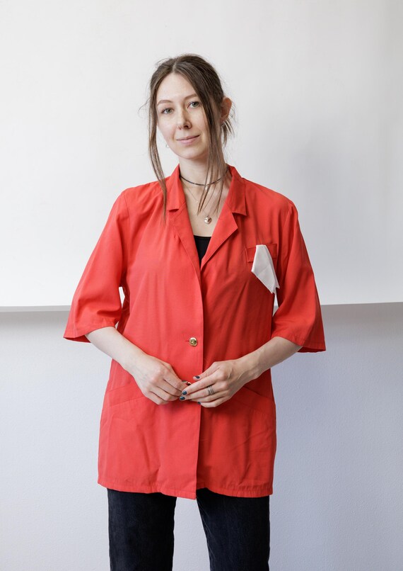 80s Red Blazer Blouse Vintage Minimalist Office Shirt Retro Corporate Core Top