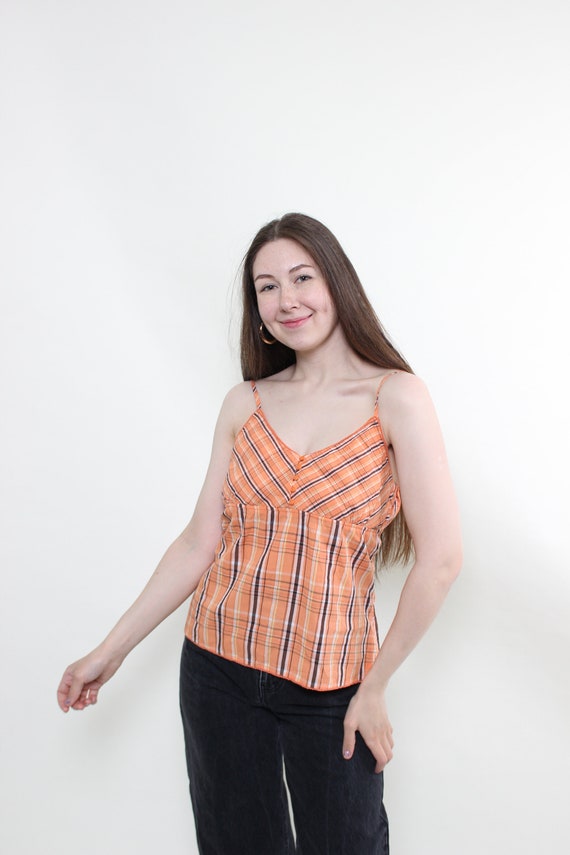 90s plaid print halter top, vintage printed v-neck tank top in orange, Size M