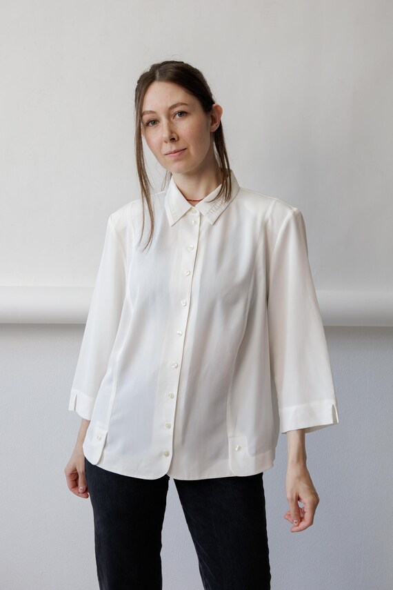 90s ivory blouse with layered collar wide kimono sleeve button tab shirt size L