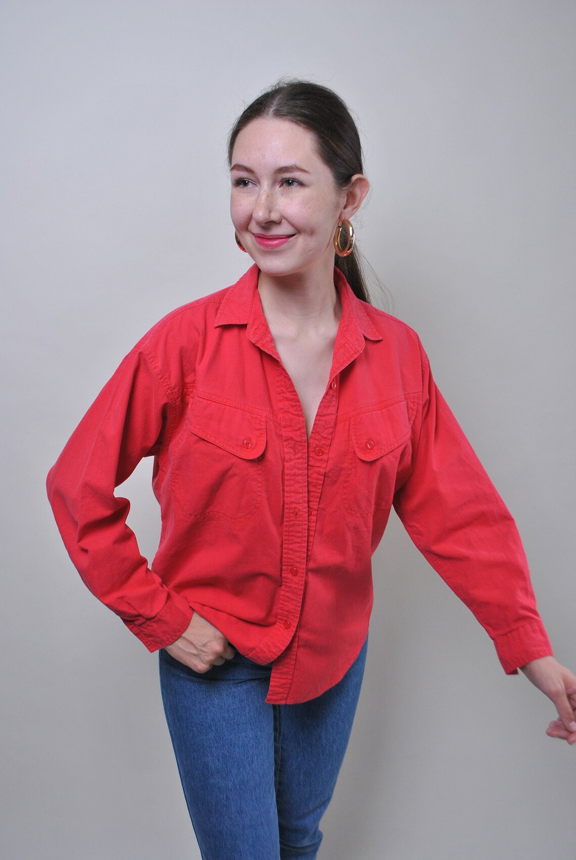 Vintage Red Long Sleeve Shirt Retro Casual Cotton Button Up Etsy