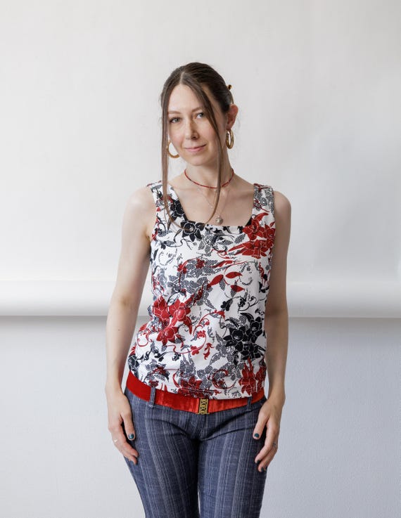 Y2K Red Black Floral Tank Vintage Abstract Print Square Neck Fitted Size M