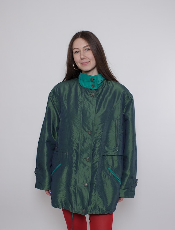 Vintage 90s Iridescent Emerald Shimmer Jacket, Dark Academia Blazer Coat L XL