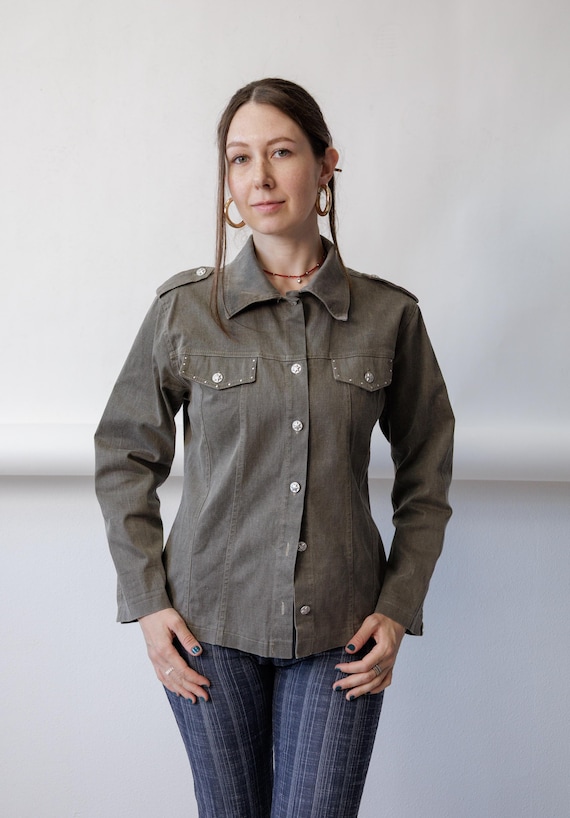 90s Grey Military Shirt Jacket Vintage Star Snap Utility Fitted Blouse Size M