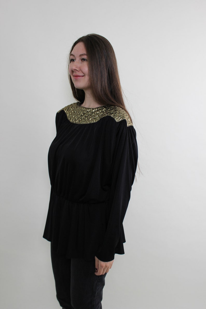 Vintage 90s Black Cocktail Blouse Gold Costume Style Size M image 4