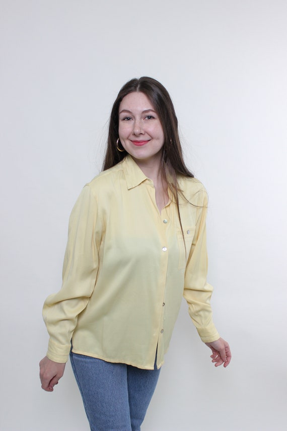 Vintage 90s Golden Yellow Jacquard Blouse, Minimalist Long Sleeve Top