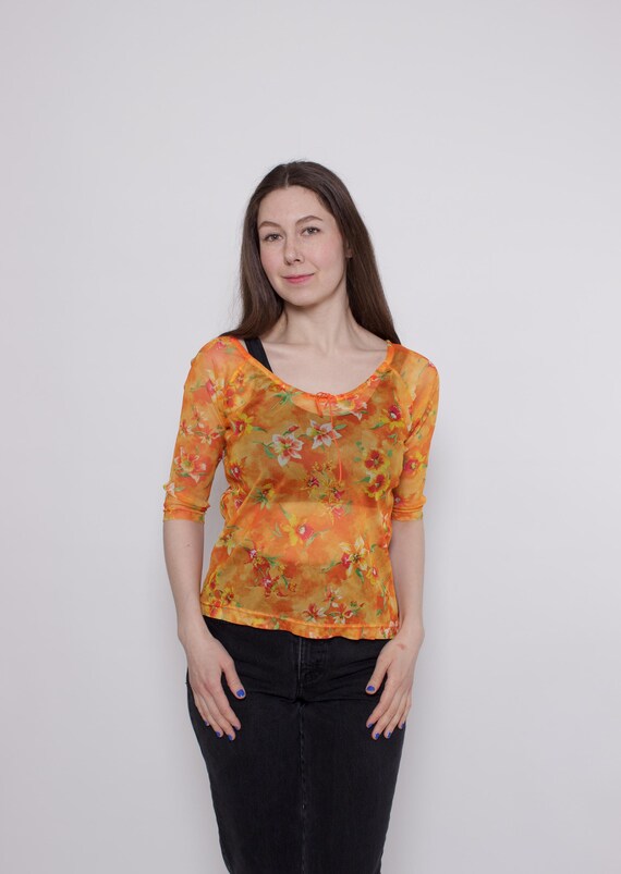 Vintage 90s Sheer Floral Mesh Top L, Y2K Orange Flower Blouse