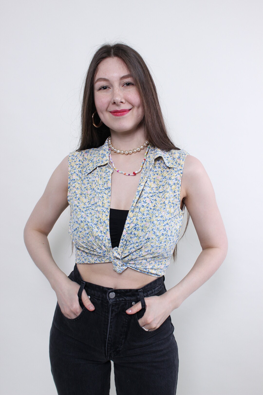 90s Floral Crop Top, Flowers Cute Tank MEDIUM Size Retro Yellow Hippie