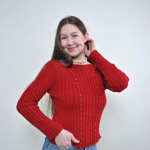 90s cozy wool sweater, red knit jumper SMALL size vintage lined pullover