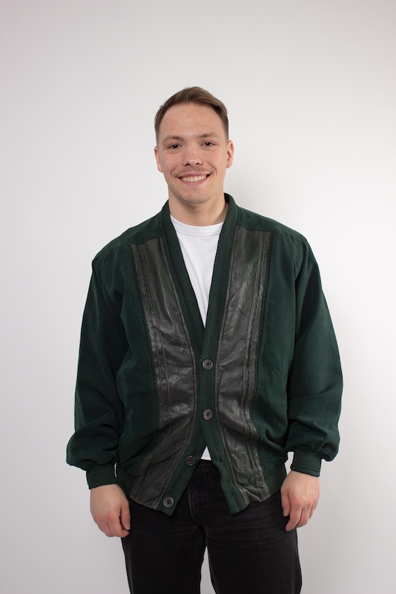Vintage 90s Green Bomber Jacket, Retro Men’s Oversized Cardigan Style Coat, Size XL