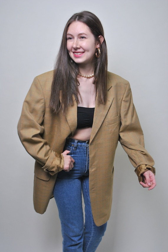 80s Camel Plaid Wool Blazer Vintage Oversized Menswear Check Suit Jacket Long  L