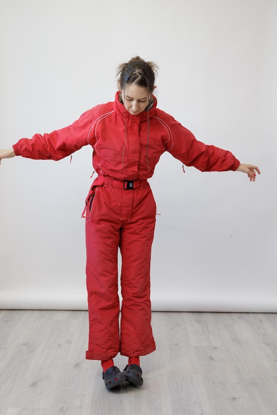 Cherry Red Belted Vintage Ski Suit Jumpsuit with Hood White Piping Size S
