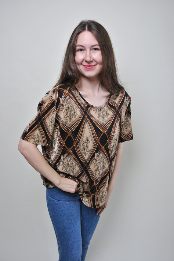 Pleated Geometric Floral Top, Y2K Brown Plaid Print Pullover Blouse, L