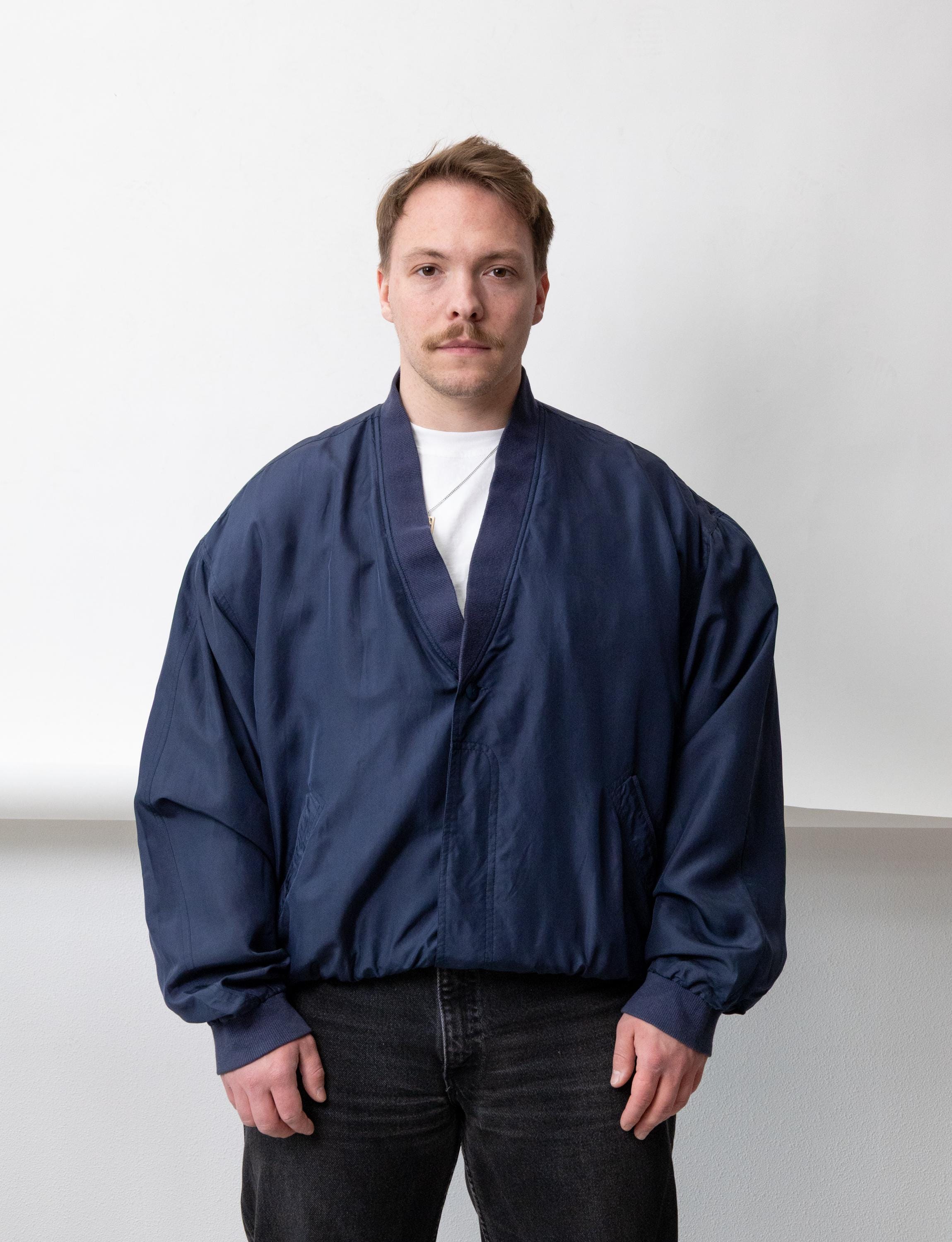 Blue Silk Bomber Jacket 90s Vintage Oversized Minimalist Mens Zip