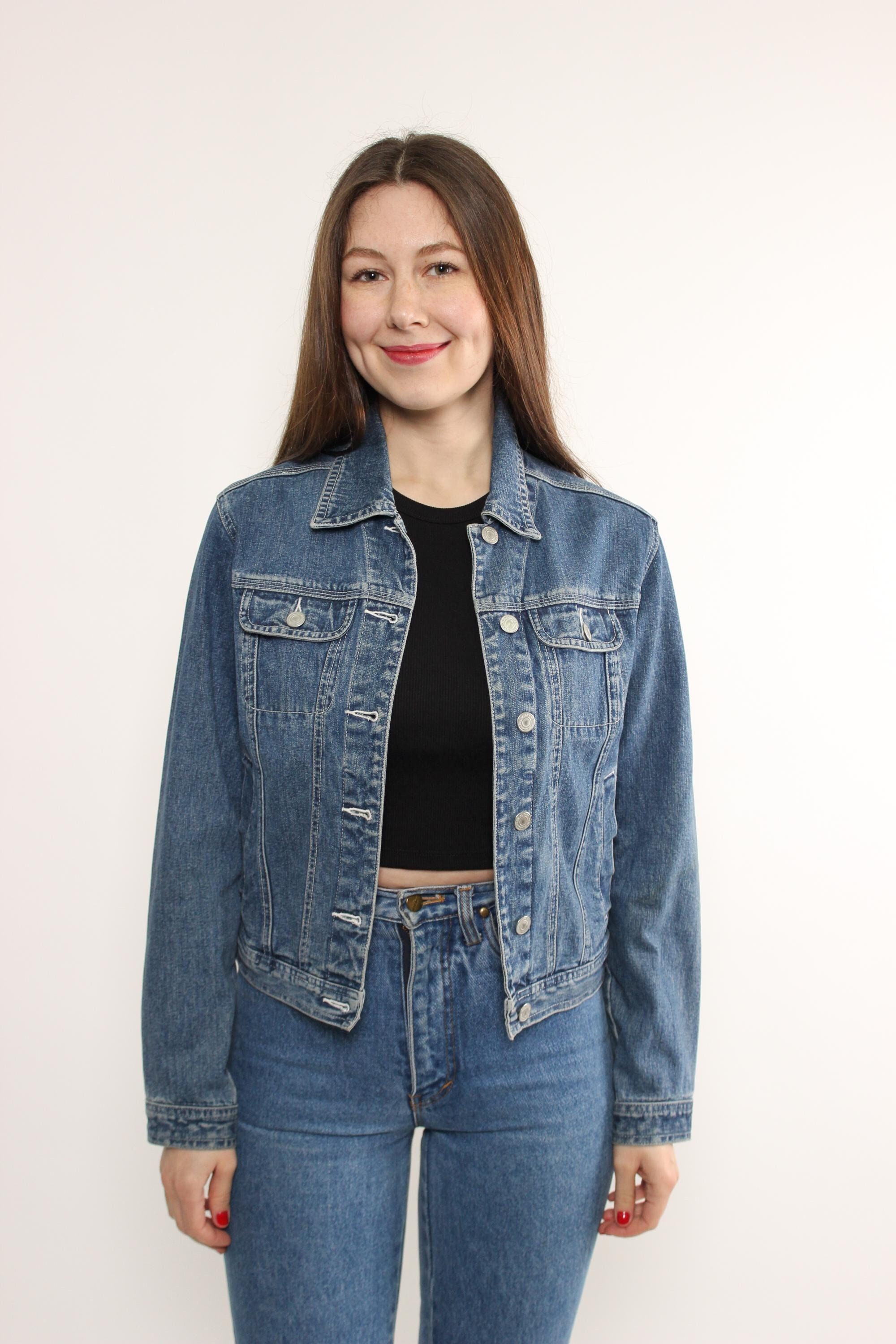 90s Denim Jacket in Dark Blue, Vintage Heavy Cotton Trucker Jacket